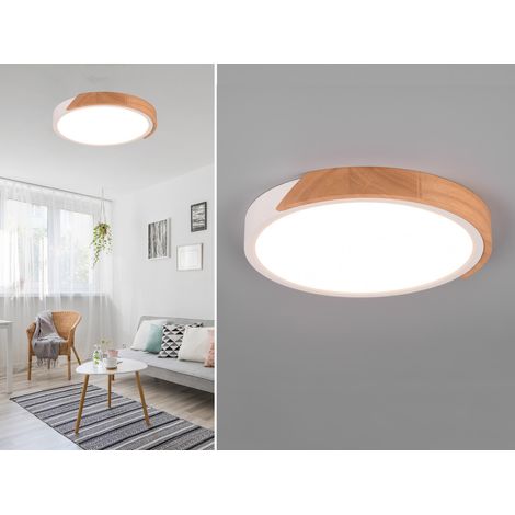 LED Deckenleuchte JANO rund Weiß mit Holz, 3 Stufen Dimmer, Ø31cm (1/5)
