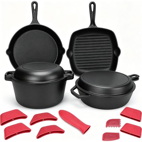 5-teiliges Gusseisen-Kochgeschirr-Set bestehend aus einem 5-Liter-Schmortopf, einer 3,2-Liter-Auflaufform mit Deckel, einer 28 cm Grillpfanne und einer 30,5 cm Bratpfanne, geeignet für Herdplatten, Ba (1/5)