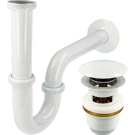 tecuro Siphon extra lang mit Pop Up Ablaufventil weiß (RAL 9010) - Universal Set für Waschtisch / Waschbecken (1/5)