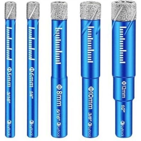 Lot de 5 forets pour céramique, verre, granit, marbre, quartz, foret spécial pour verre, ouvre-trou pour carrelage, foret diamanté pour carrelage, foret pour carrelage métallique de 5, 6, 8, 10, 12 mm (1/4)