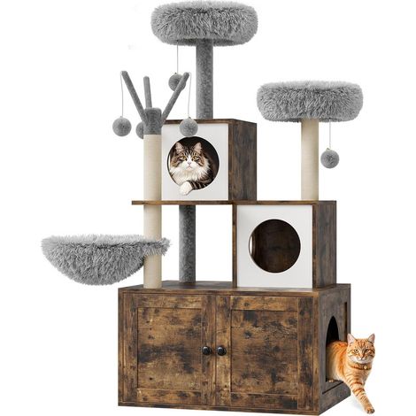 Arbre à Chat avec Maison de Toilettes,Tour de Jeu Moderne 2-en-1, Niche pour Chat de avec Chache-litière, Poteaux à Griffer,MARRON