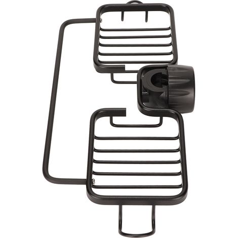 Étagère de rangement pour robinet en aluminium et plastique avec deux compartiments et barre porte-serviettes pour éponges et chiffons, pour cuisine ou salle de bain, noire. (1/5)