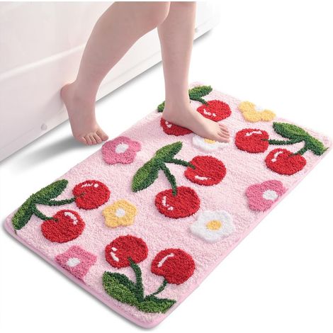 Tapis de bain rose, joli tapis de bain couleur cerise, tapis fleuri amusant/tapis antidérapant (18x26 pouces) (1/5)