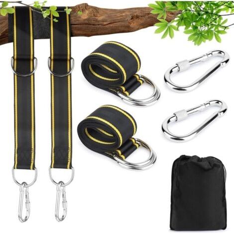 Sangle Hamac,Fixation de balançoire, Sangle Balancoire Arbre avec Mousquetons et Anneaux en D, 2 Protection d'arbre, Fixation Hamac Attache pour Camping Balancoire de Jardin Hamac