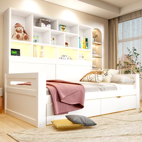 Canapé-lit en bois 90 x 200 cm, espace de rangement multifonctionnel, éclairage LED, lit simple, cadre de lit enfant avec prises électriques, penderie ouverte et tiroirs, blanc (1/5)