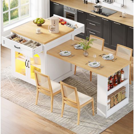 Isla de cocina extensible de MDF blanco con LED RGB, 126-196x59x94 cm, 2 cajones y puertas de vidrio acanalado (1/5)