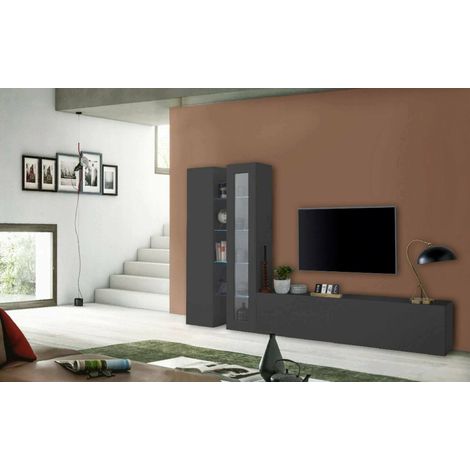 Dmora - Pared Equipada Dcau, Conjunto de salón Mueble de TV con 3 puertas, Mueble de salón polivalente con vitrina y luz LED, 100% Made in Italy, cm 280x30h180, Antracita (1/5)