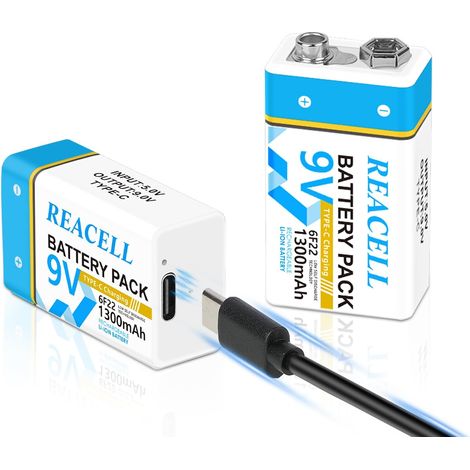 9V Rechargeable 1300mAh Lithium Batterie avec USB-C Câble pour Détecteur de Fumée, Sirènes, Microphones, Multimètres (2 Pack) (9V) (1/5)