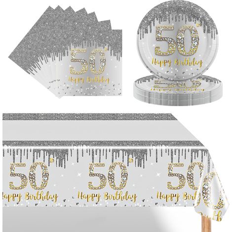 37 Pièces Assiette Vaisselle Jetable Anniversaire Kit,Argent Decoration Anniversaire Vaisselle 50 Ans Garçon Fille,Nappe Papier Assiette Serviette pour Decoration Anniversaire 50 Ans Cadeau (1/5)