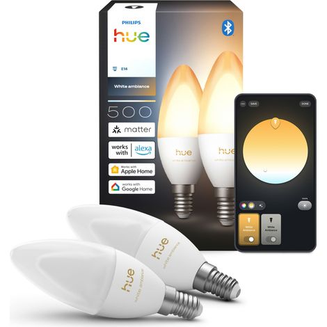 Philips Hue LED Lot de 2 Ampoules Flamme E14 Dépolie Lumière blanche chaude à froide - White Ambiance