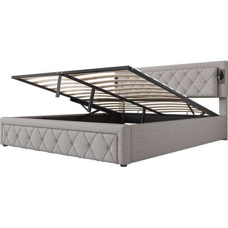 Cama canapé acolchada 180 x 200 cm de lino gris con LED, USB y somier de láminas (1/5)