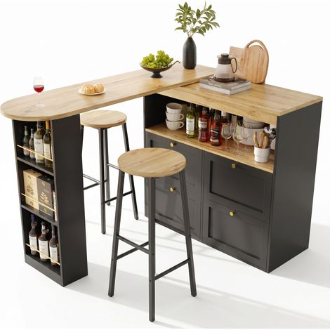 Ensemble bar : Îlot de cuisine avec rangements et 2 tabourets de bar noirs, aspect bois, avec panneaux latéraux et tiroirs, charge maximale de 150 kg par tabouret (1/4)
