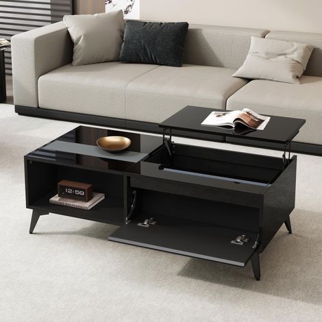 Höhenverstellbarer Couchtisch 110 x 50 x 48 cm in Schwarz mit Hochglanz-Finish – multifunktioneller Wohnzimmertisch im modernen minimalistischen Stil mit verstecktem Stauraum und offenem Regal