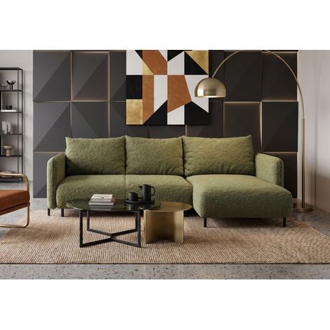 Divano angolare reversibile 4 posti FONII XL con funzione letto, rivestito in tessuto teddy bouclé verde bottiglia (1/5)