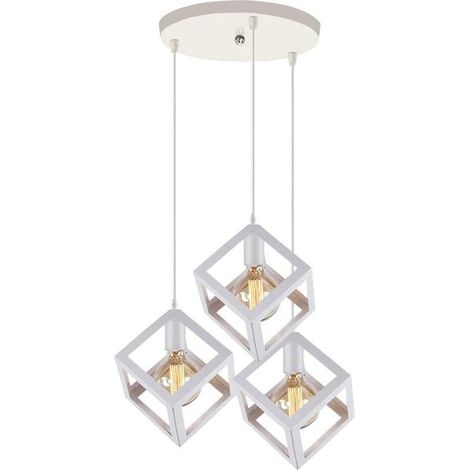 Plafonnier Antique À 3 Lumières Lustre Creative Cube Blanc Suspension Luminaire Rétro En Métal, Pour Bureau, Chambre À Coucher, Cuisine, Bar, E27 (1/5)