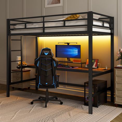 Lit mezzanine 90x200cm avec rambarde, échelle, table avec ports USB et prises électriques, éclairage LED contrôlable par application, conforme à la norme EN747, sans matelas, en métal noir.