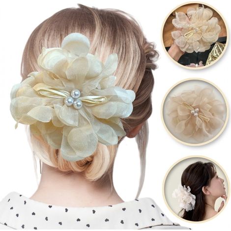 Grande fiocco in tulle con perle, clip, fermaglio, ornamento per capelli, SP bianco (1/5)