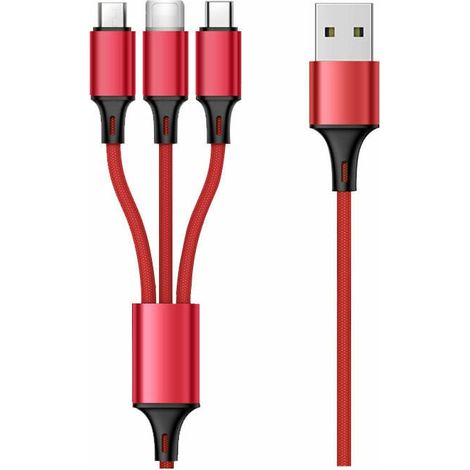 Câble Multi USB, 3 en 1 Multi Chargeur USB Câble en Nylon Tressé Charge Rapide - 1.2M, rouge (1/5)