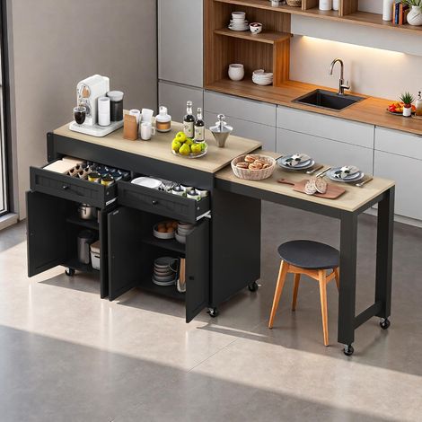 îlot de cuisine extensible sur roulettes 112-180.5x45x92.2 cm,îlot de cuisine mobile avec plan de travail et tiroirs,Table de bar(Noir+Naturel)
