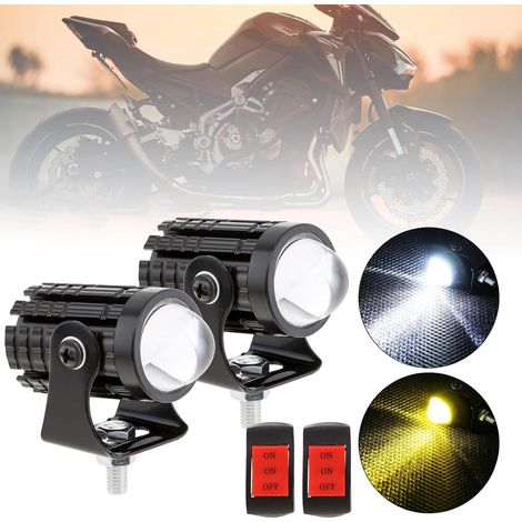 2 Stück 32-W-LED-Motorradscheinwerfer, wasserdicht, mit Schalter, zweifarbig (gelb/weiß, Fern-/Abblendlicht), 8–80 V, 2400 lm, 3000–6000 K, Zusatzscheinwerfer (1/5)