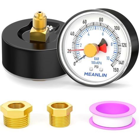010Bar/0150Psi 2" DIAL FACE 1/4" BSP Manomètre pour pompe de puits avec adaptateur 1/2" BSP et 3/8" BSP, précision 3-2-3%, avec pointeur rouge, montage arrière central (1/5)