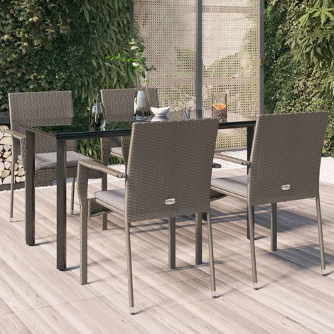 5-tlg. Garten-Essgruppe mit Kissen Schwarz und Grau Poly Rattan
