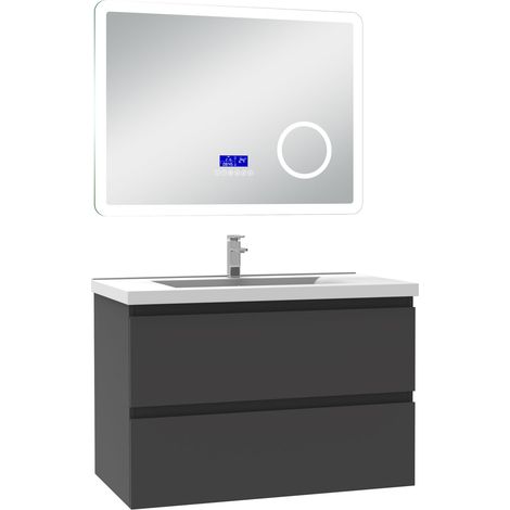 Acezanble ensemble meuble 80 cm anthracite avec 2 tiroirs à fermeture automatique, lavabo céramique simple + miroir salle de bain Bluetooth tricolore, suspendu