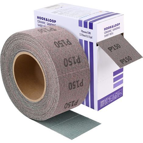 Schleifpapierrolle, Körnung 150, 70 mm x 12 m, Schleifpapier, zur Verwendung mit einem 70 mm breiten Handschleifer, für Holzmöbel, Metallbearbeitung und Autopolitur (1/5)