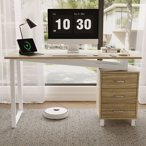 Bureau spacieux de 130 x 55 x 75 cm avec rangements, en MDF haute densité, tiroirs à trois coulisses, pieds triangulaires (1/5)