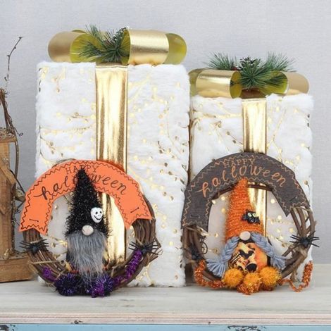 Couronne Décorative Automne - Couronne Porte Halloween Nain Citrouille - Décoration Extérieure Intérieure Récolte - 1 Pièce (1/4)