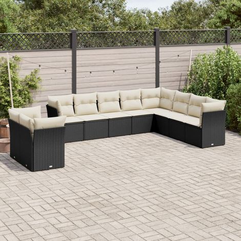10-tlg. Garten-Sofagarnitur mit Kissen Schwarz Poly Rattan vidaXL (1/3)