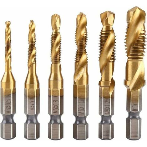 Punte per maschiatura metriche HSS con filettatura metrica M3-M10 titanio gambo esagonale da 1/4" 6 pezzi (1/5)