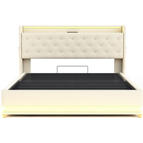 Letto Contenitore Matrimoniale con LED Multicolore e USB, 160 x 200 cm, Senza Materasso, Beige (1/5)