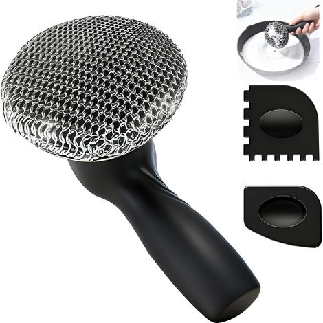 Brosse à récurer pour poêle en fonte, anneau en fonte, design à long manche, en acier inoxydable de qualité supérieure (un seul nettoyeur) (1/5)