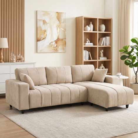 Canapé d'Angle Modulable 242 cm, Canapé 3 Places en L avec Méridienne Réversible, 2 Oreillers, Tissu Aspect Lin, Beige (1/5)