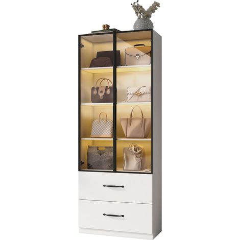 Vitrine mit 2 Hartglastüren und 2 Schubladen, Mehrfarb-LED, Aluminiumrahmen, aus Spanplatte, Weiß, 60×40×160 cm (1/5)