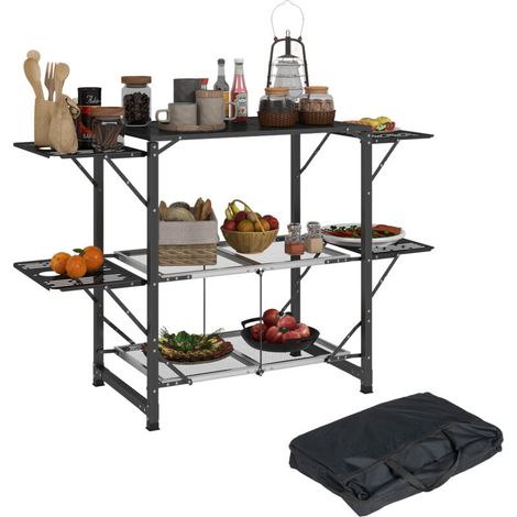 Table de cuisine de camping pliante, acier et aluminium, sac de transport, 2 tablettes, 2 étagères et porte-gobelets