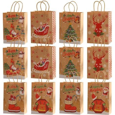 Christmas Gift Bags, 12-Piece Kraft Paper Christmas Gift Bags, Reusable Christmas Gift Pouches, Paper Christmas Gift Bags with Handles, Christmas Gift Bags for Sweets and Cookies