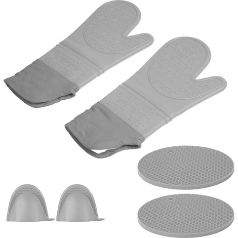 Gants de cuisine en silicone épais, résistants à la chaleur, pour barbecue, micro-ondes et four, avec 2 pinces et 2 dessous-de-plat, gris (1/5)