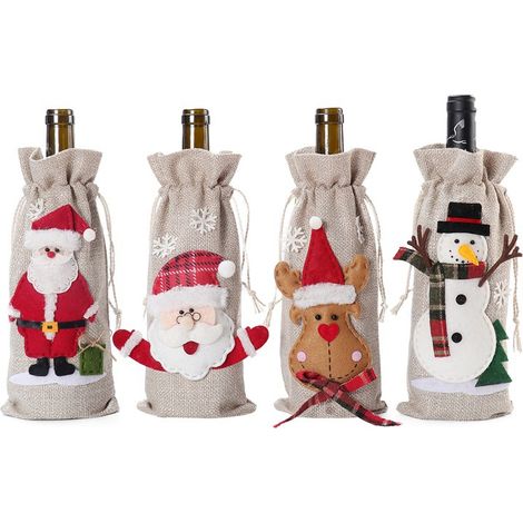 sacs pour bouteilles de Noël en toile jute – Emballage cadeau bouteille vin avec corde réutilisable Rangement voyage ou fête Lot de 4 (1/4)