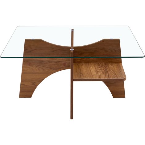 Mesa auxiliar cuadrada de cristal de seguridad 80 cm con base de MDF efecto nogal (1/5)