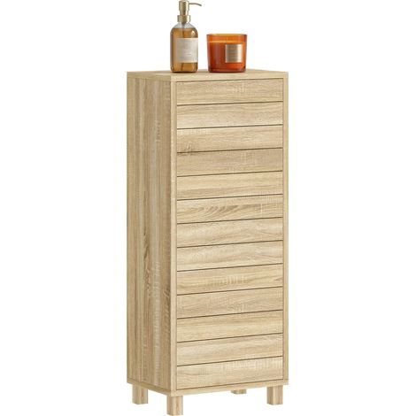 Mueble de baño natural – Puerta de lamas – 3 estantes, uno de ellos ajustable – Mecanismo de apertura por presión – 34 x 23 x 84 cm