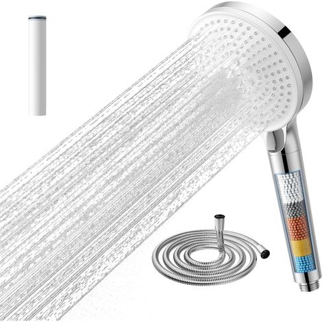 Pommeau de Douche Haute Pression avec Filtre, Tête de Douche Anti Calcaire avec Billes de Vitamine C et KDF, 5 Modes de Jet, avec Flexible de 1,5m pour Peau Sensible et Enfants (1/5)