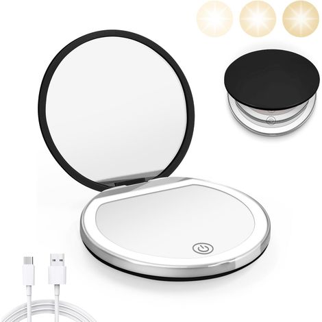 Mini miroir de maquillage noir avec lumière, miroir de poche LED grossissant 1x/2x Câble de données USB (1/5)