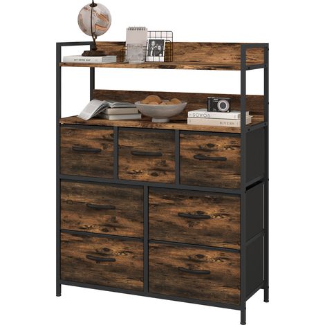 Meuble de rangement commode 7 tiroirs en tissu pliable et amovible, étagères ouvertes, brun rustique