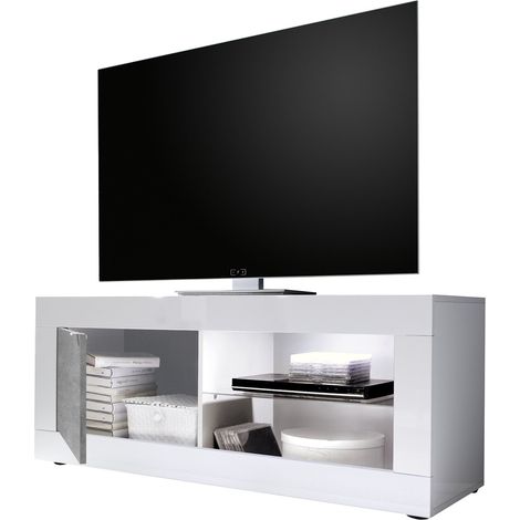 Mobile Porta tv Gambara, 2 Ripiani, Apertura Maniglia Made in Italy, 4 Vani, 140x43x56h cm Bianco Lucido