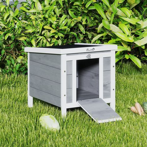 Clapier à lapin cage à lapin avec rampes/porte, toit ouvrant et étanche - en bois de sapin 51 x 42 x 43 cm gris et blanc (1/5)