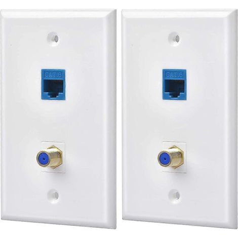 Deux prises murales coaxiales Ethernet, chacune dotée d'un port Cat6 et d'un port RJ45 coaxial de type F plaqué or. (1/5)