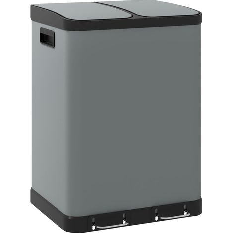 Cubo de basura Irovami de doble compartimento, 2 x 30 L, resistente a las huellas dactilares, accionado por pedal, cubos interiores extraíbles, gris
