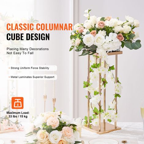 Lot de 4 colonnes à fleurs mariage en métal doré 60 cm, structure géométrique centrales avec plateaux, supports floraux cylindriques déco événement réception fête (1/5)